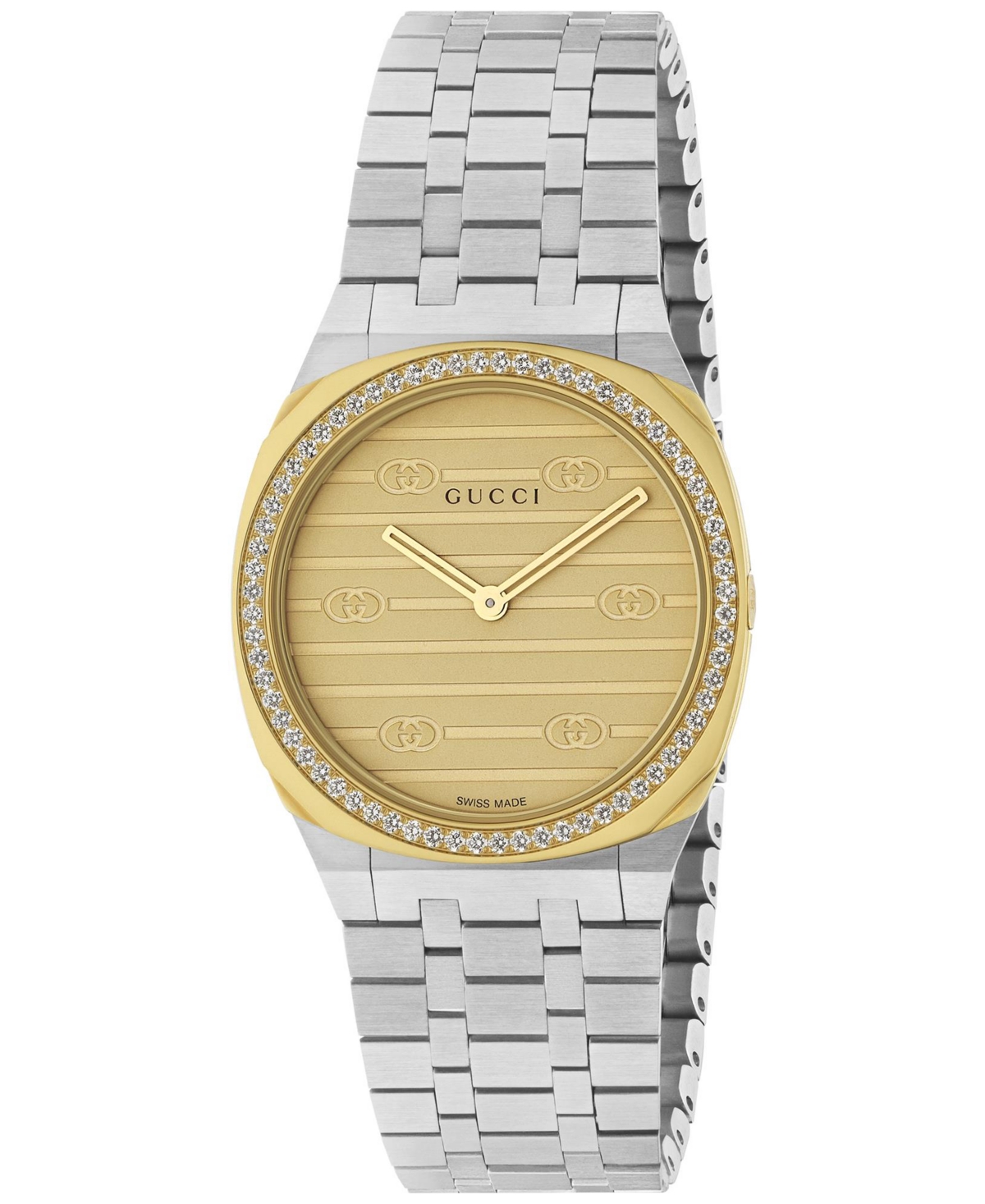 Gucci Women's Swiss 25h Diamond (1/2 Ct. T.w.) Stainless Steel Bracelet Watch 30mm In Stainless Steel,brass