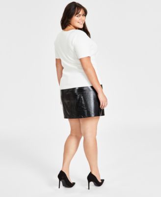 Shop Bar Iii Plus Size Ottoman Ribbed Tee Crocodile Faux Leather Mini Skirt Created For Macys In Deep Black