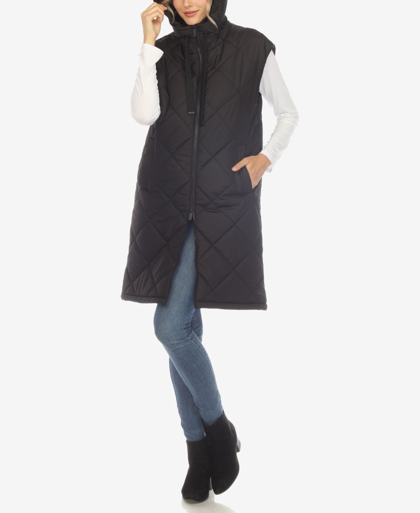 Женская куртка White Mark Diamond Quilted Hooded Long Puffer Vest, цвет: Чёрный — фото 5