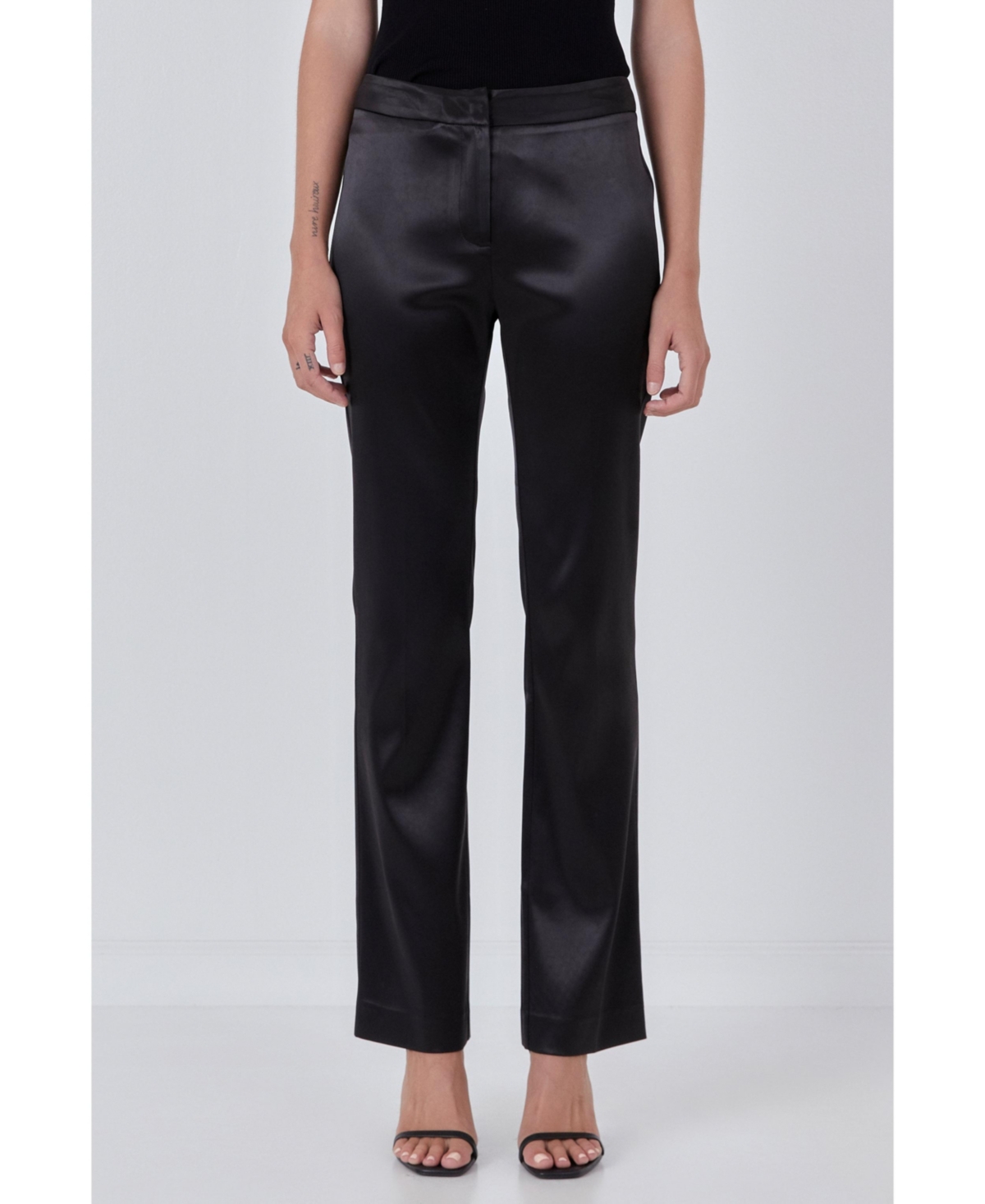 Endless Rose Mid Rise Flared Satin Trousers In Black