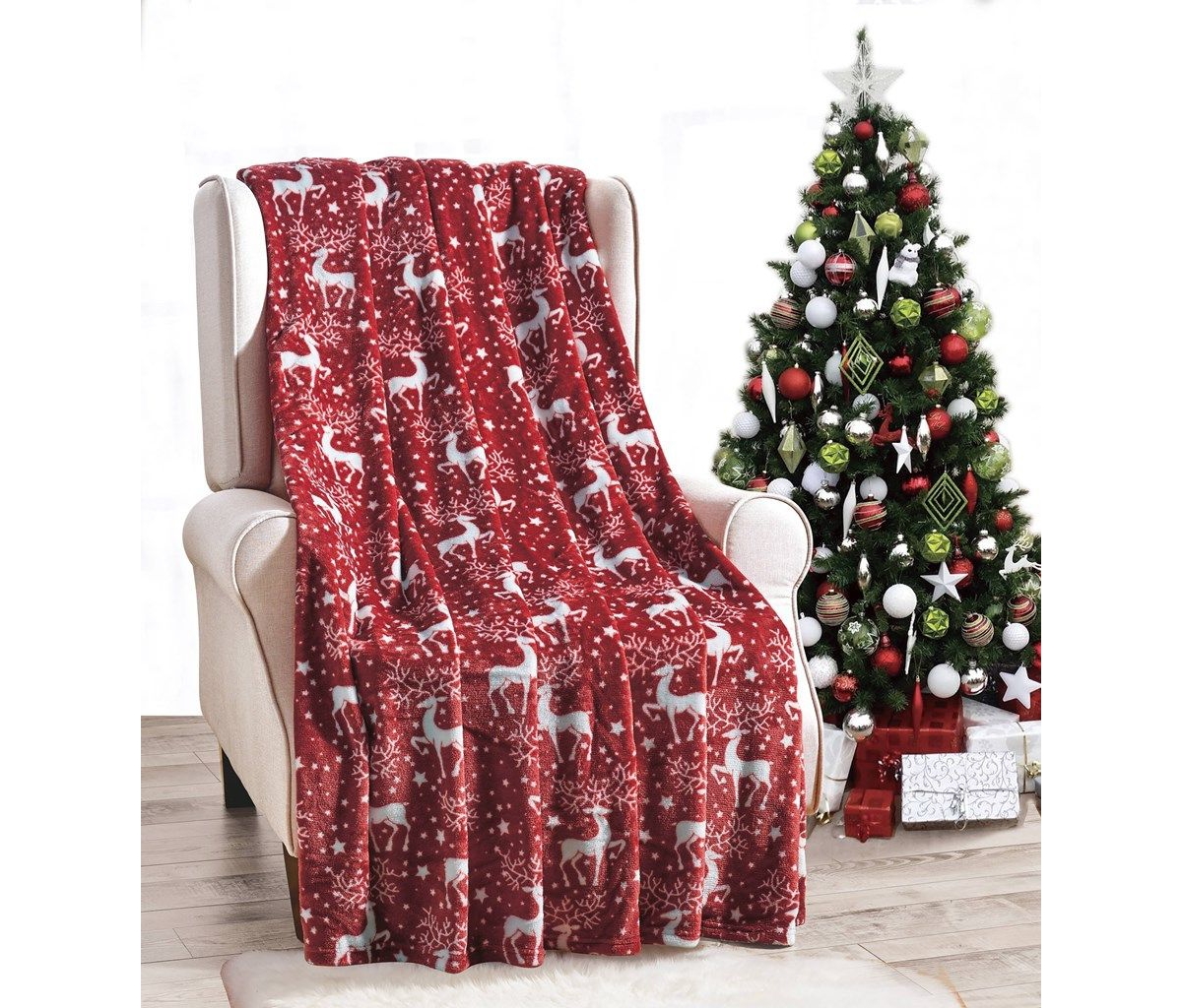 Kate Aurora Ultra Soft & Cozy Christmas Red Reindeer Plush Throw Blanket Cover - 50 in. W x 60 in. L - 0