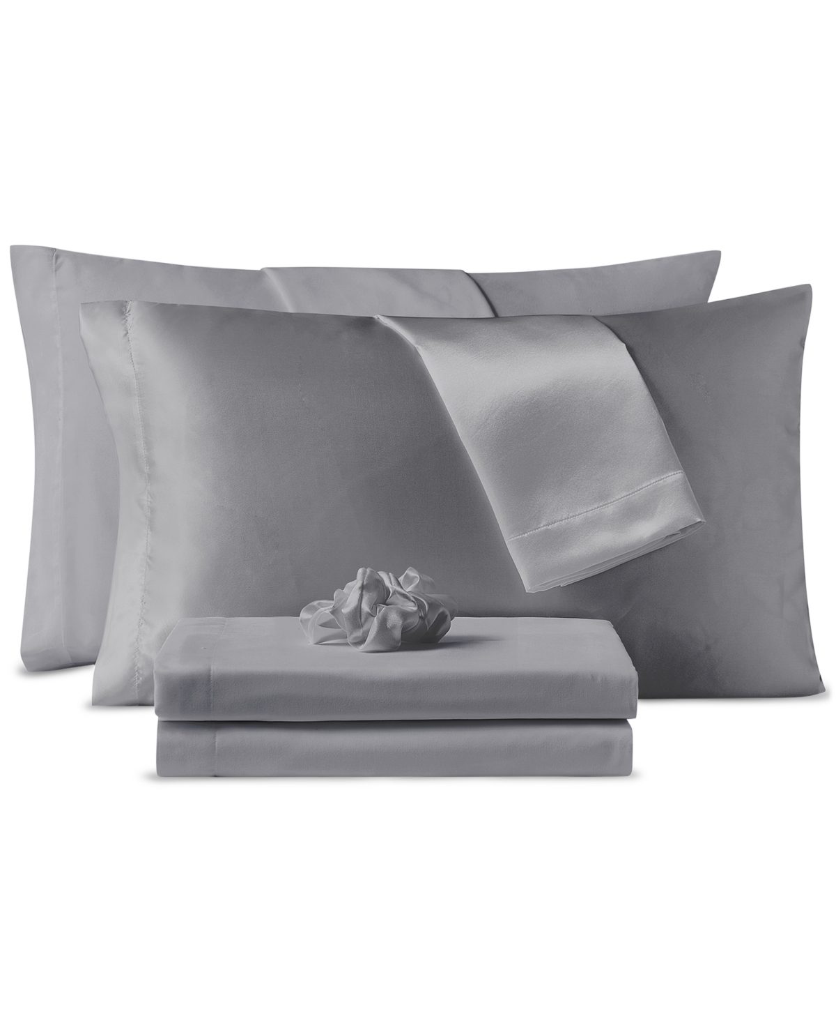 Sanders Microfiber 7-pc. Sheet Set With Satin Pillowcases And Satin Hair-tie, Full In Silver