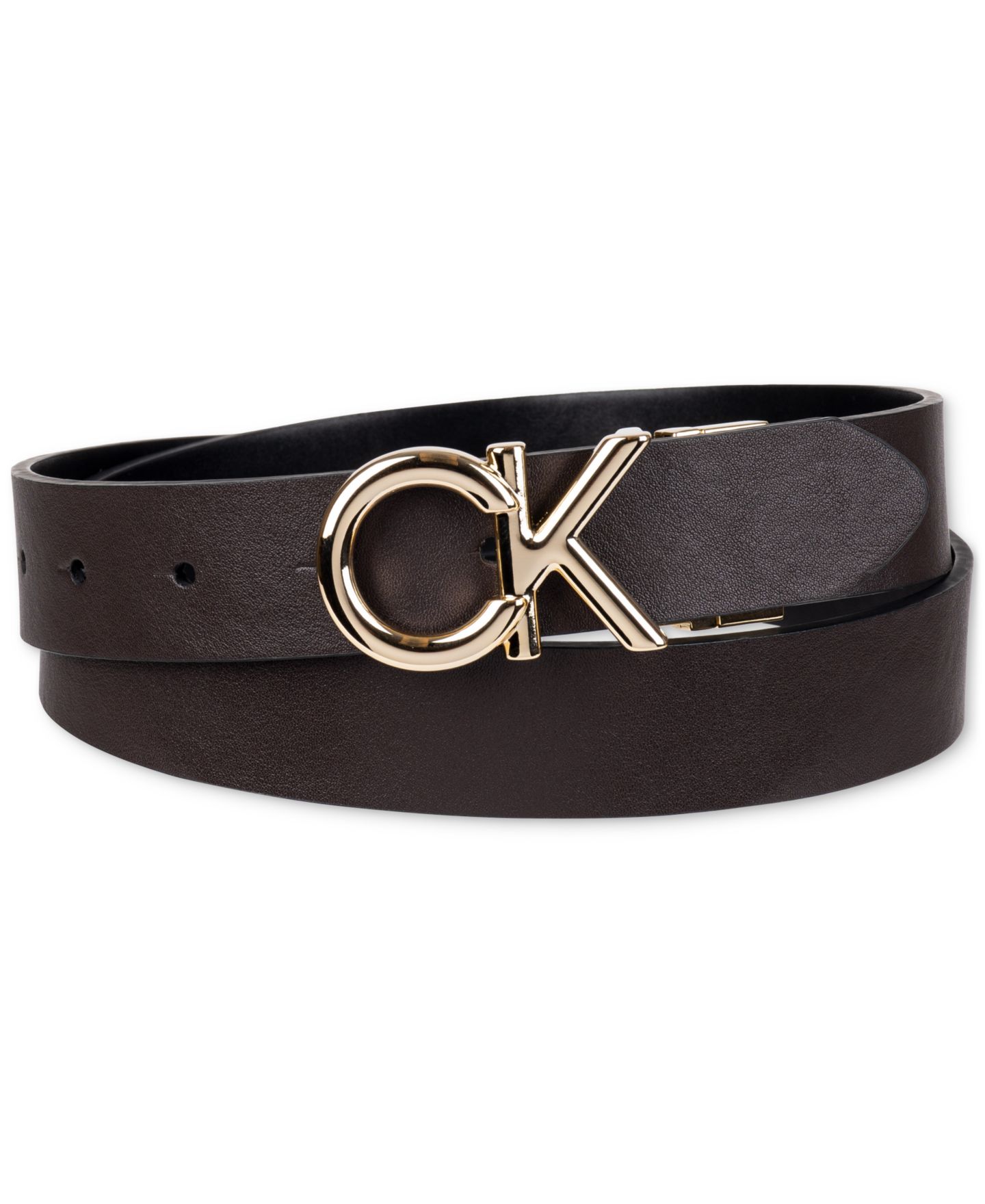 Женский ремень Calvin Klein Reversible Puffed CK Monogram Buckle, цвет: Чёрный / Коричневый — фото 1
