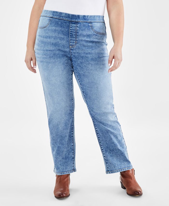 Style & Co Plus Size Mid-Rise Pull-On Straight-Leg Jeans, Created
