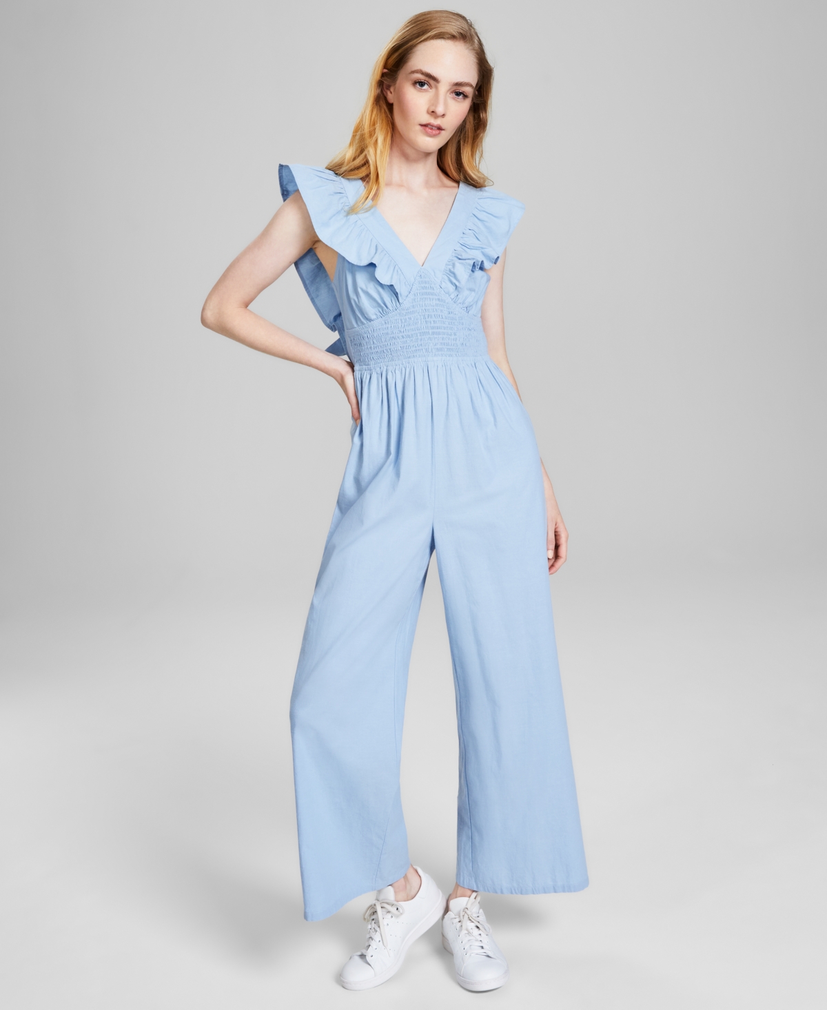 And Now This Women's Cotton V-neck Ruffled Jumpsuit, Created For Macy's In Clean Chambray