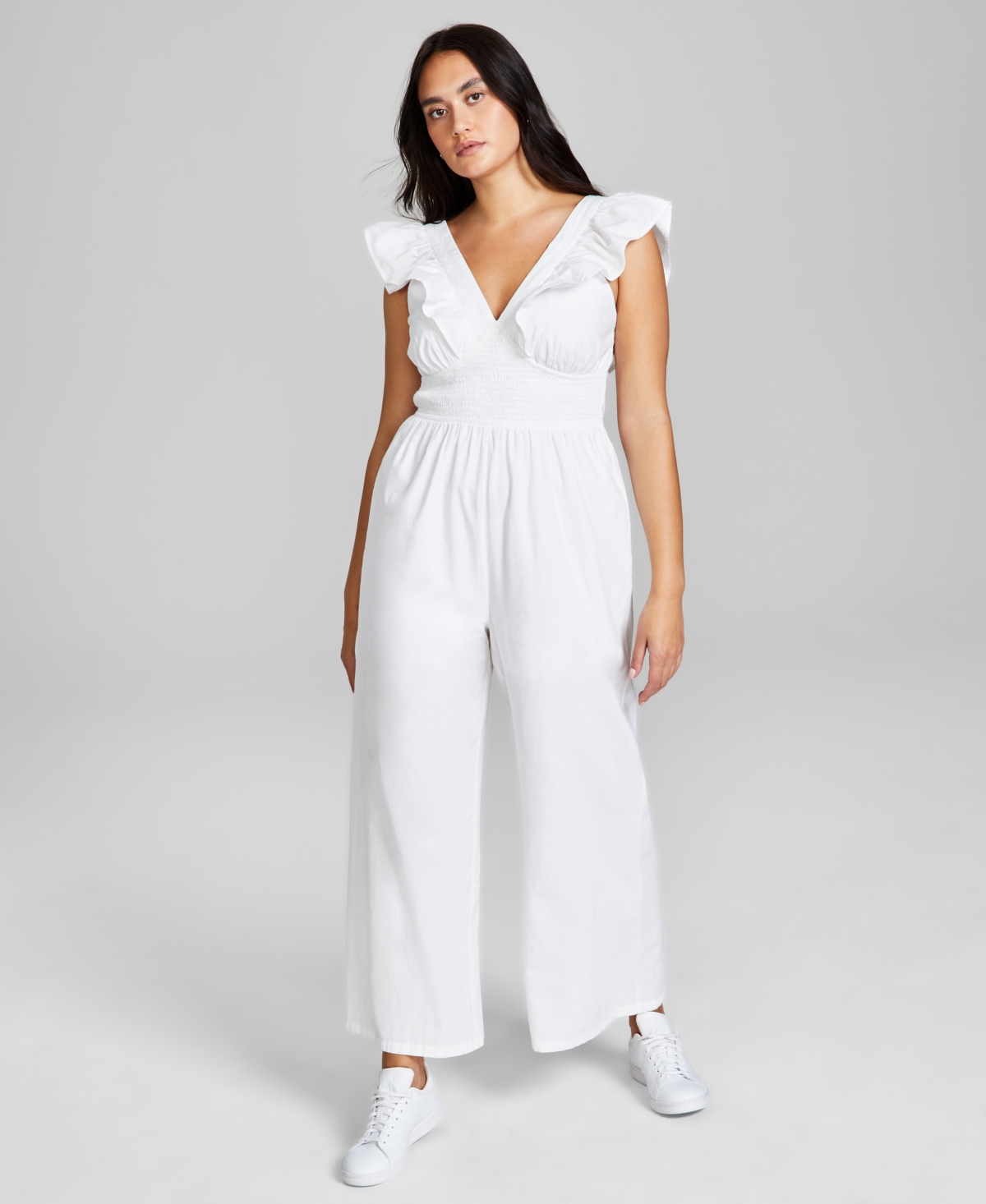 And Now This Women's Cotton V-neck Ruffled Jumpsuit, Created For Macy's In Calla Lily