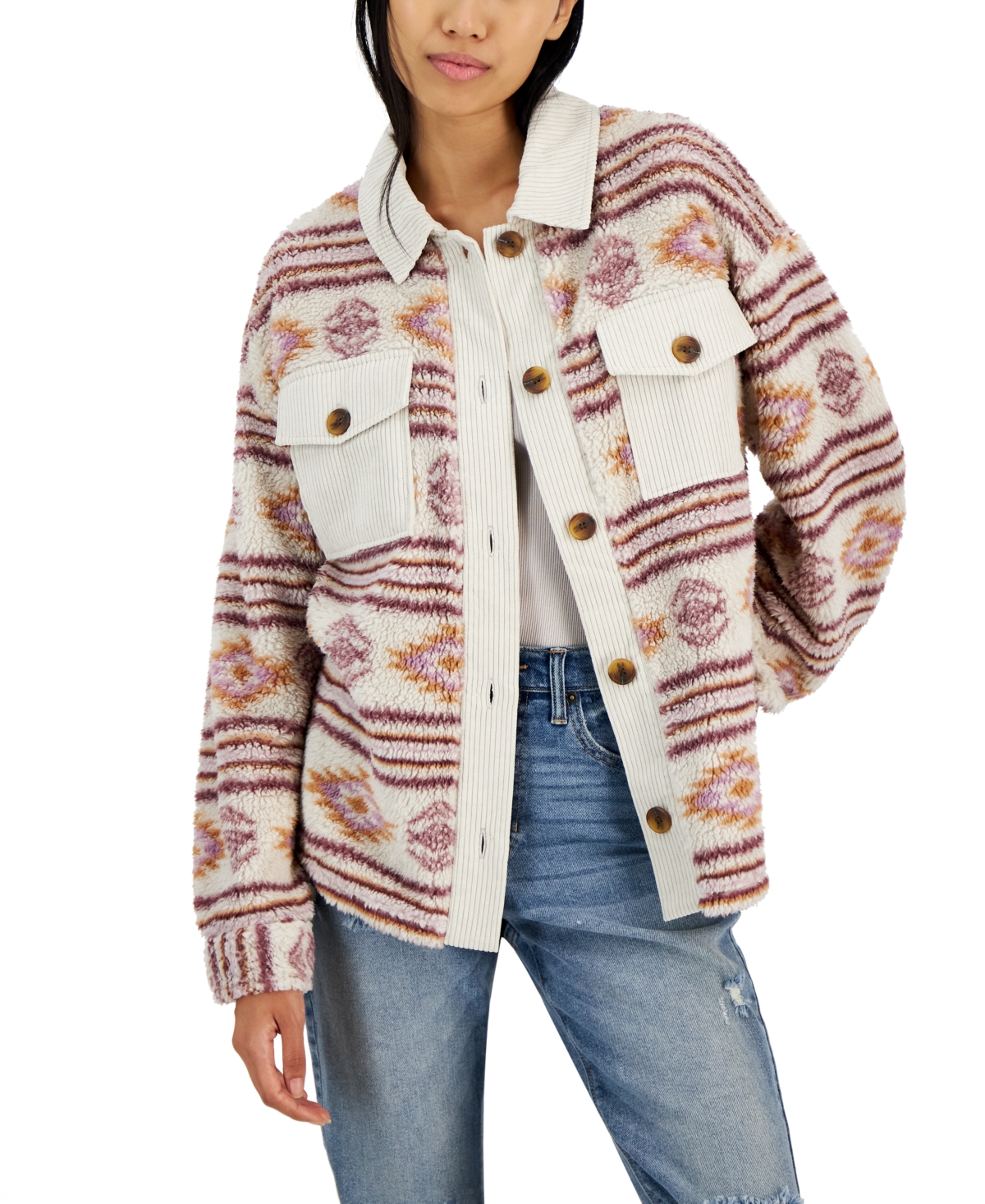 Hippie Rose Juniors' Corduroy-trim Sherpa Button-up Shacket In Stone Combo