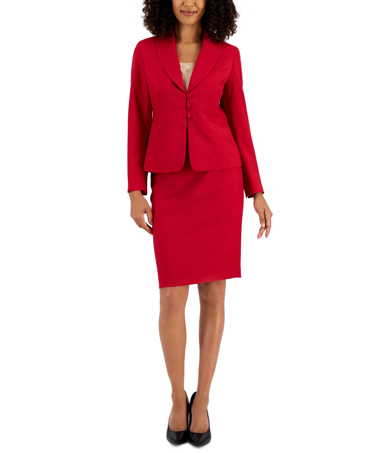Shop Le Suit Shawl-collar Slim Skirt Suit, Regular And Petite Sizes In Cherry