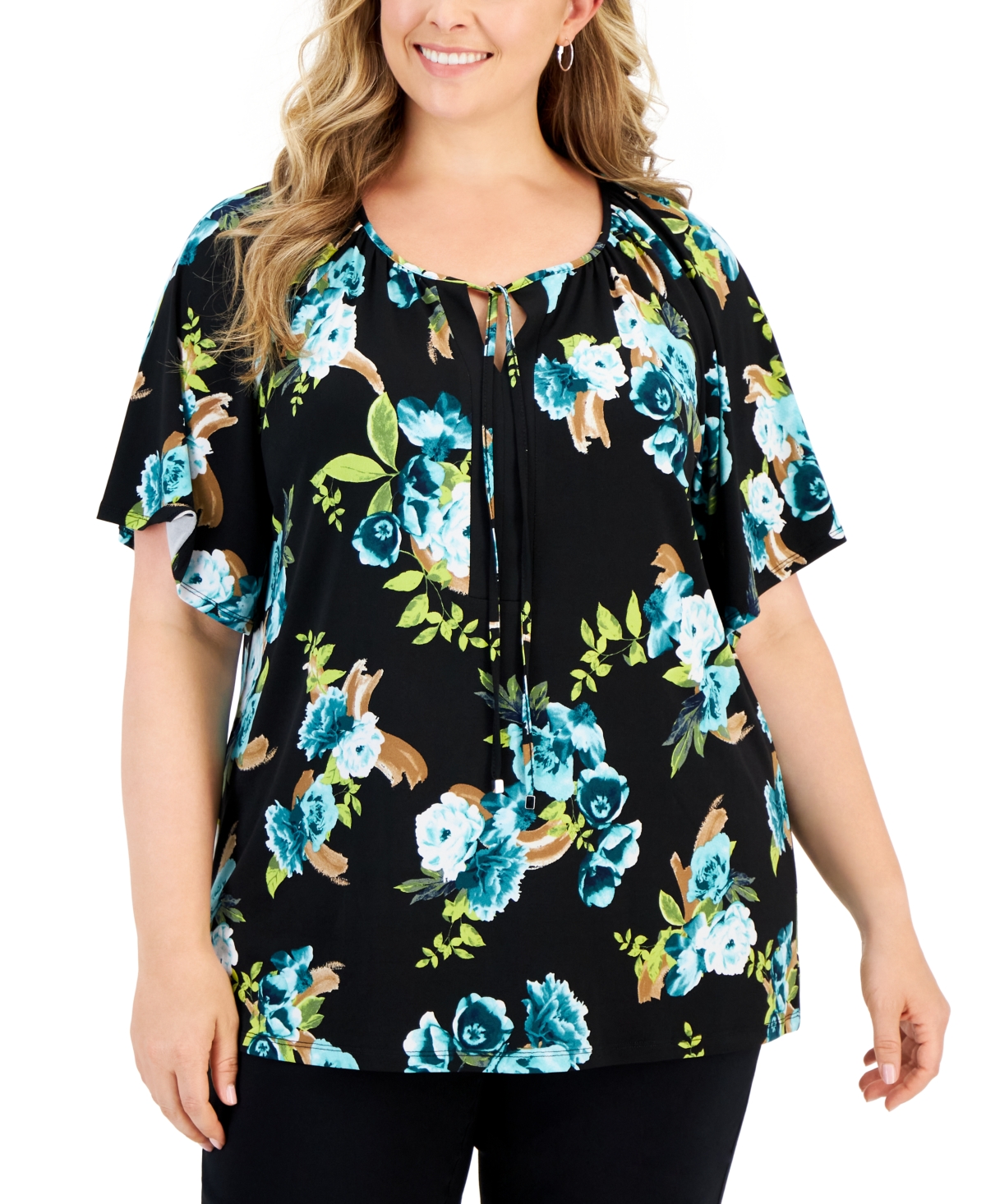Jm Collection Plus Size Floral Print Split-neck Top, Created For Macy's In Deep Black