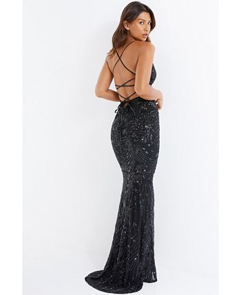 QUIZ Women s Black Sequin Backless Fishtail Evening Dress Macy s