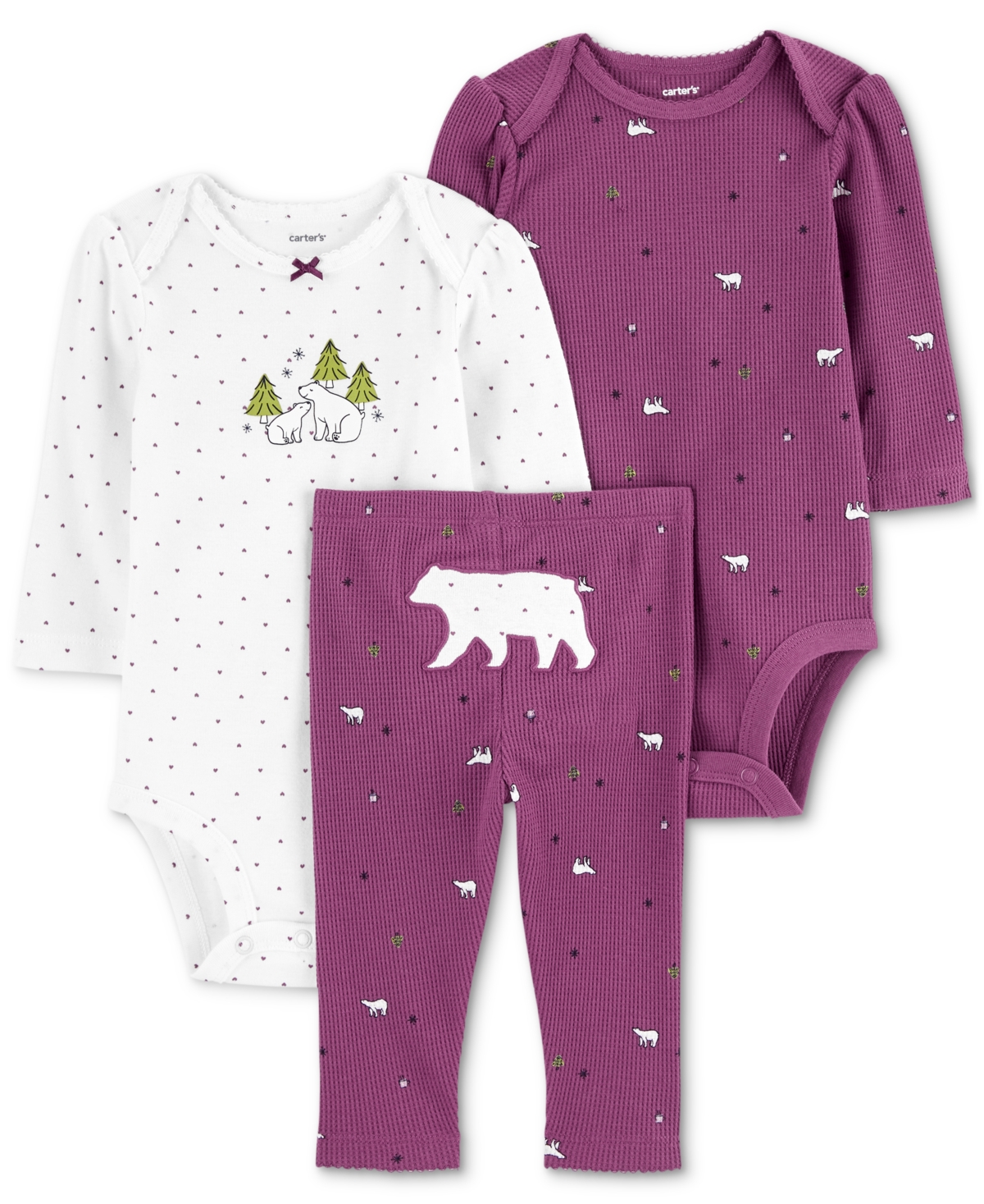 Carter's Baby Girls Bear Bodysuits And Pants, 3 Piece Set In Purple