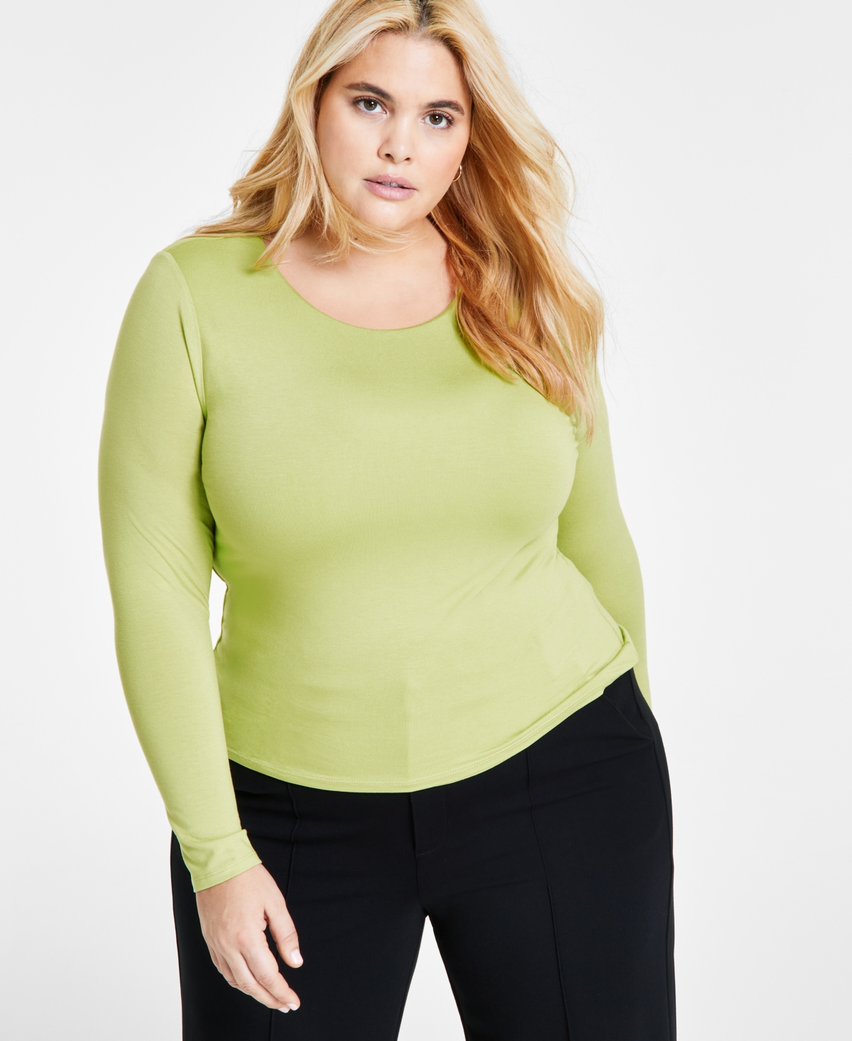 Bar Iii Plus Size Long-sleeve Jersey Knit Top, Created For Macy's In Spring Lime