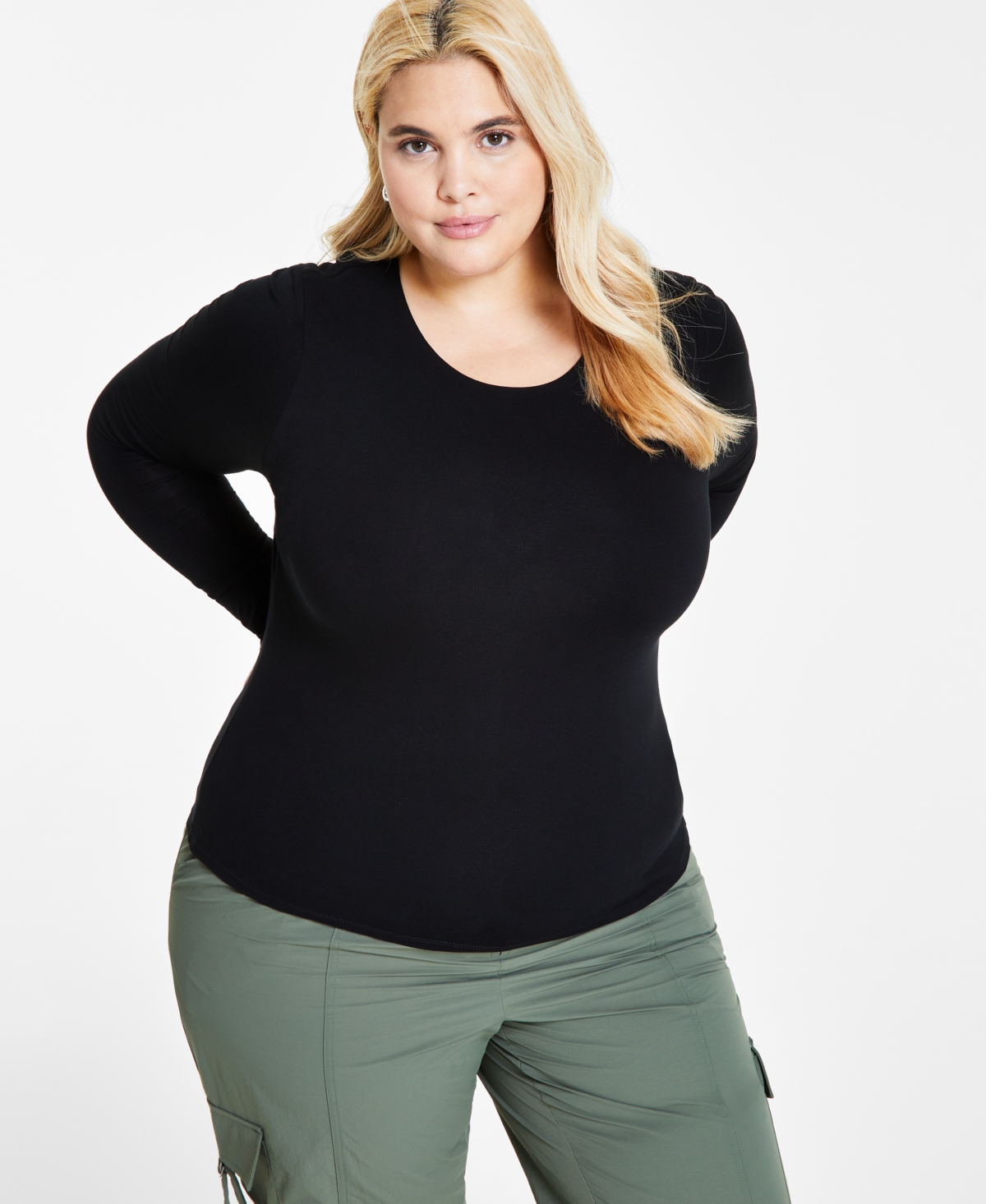 Bar Iii Plus Size Long-sleeve Jersey Knit Top, Created For Macy's In Deep Black