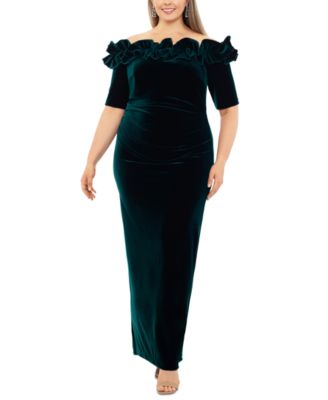 XSCAPE - Plus Size Velvet Ruffled Off-The-Shoulder Gown