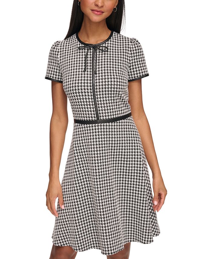 KARL LAGERFELD PARIS Women s Houndstooth Puff Sleeve Bow Neck
