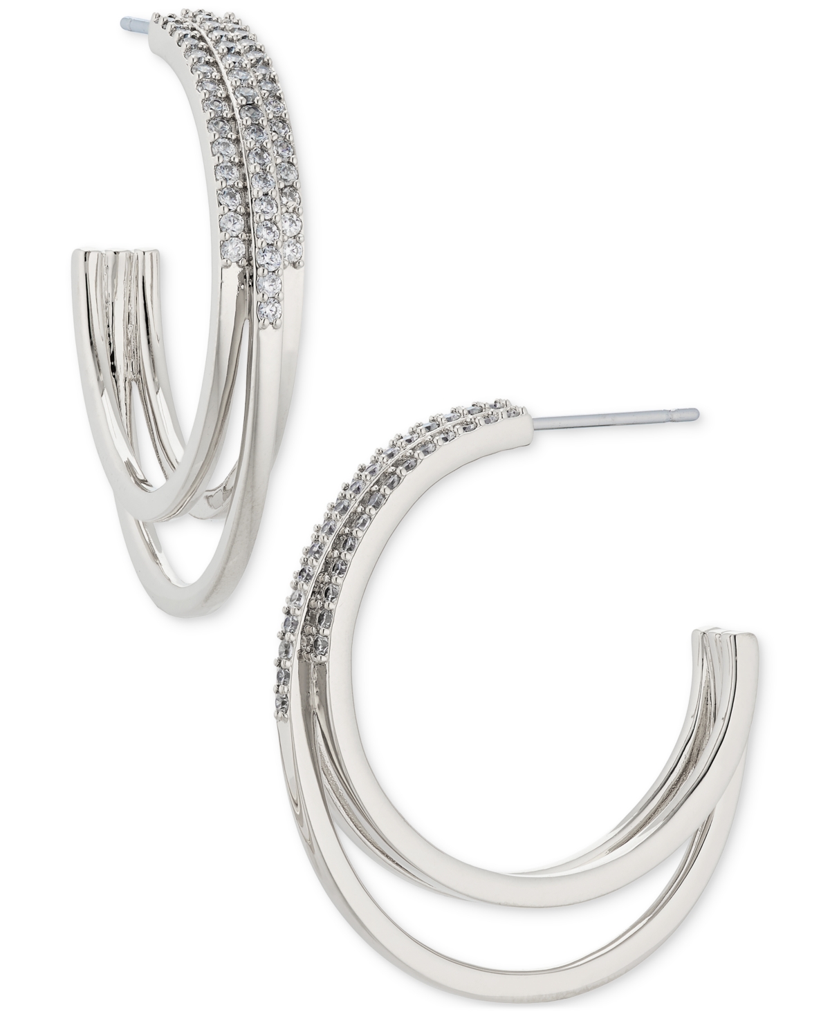 18k Gold-Plated Medium Pave Triple-Row C-Hoop Earrings, 1.12", Created for Macy's - Silver