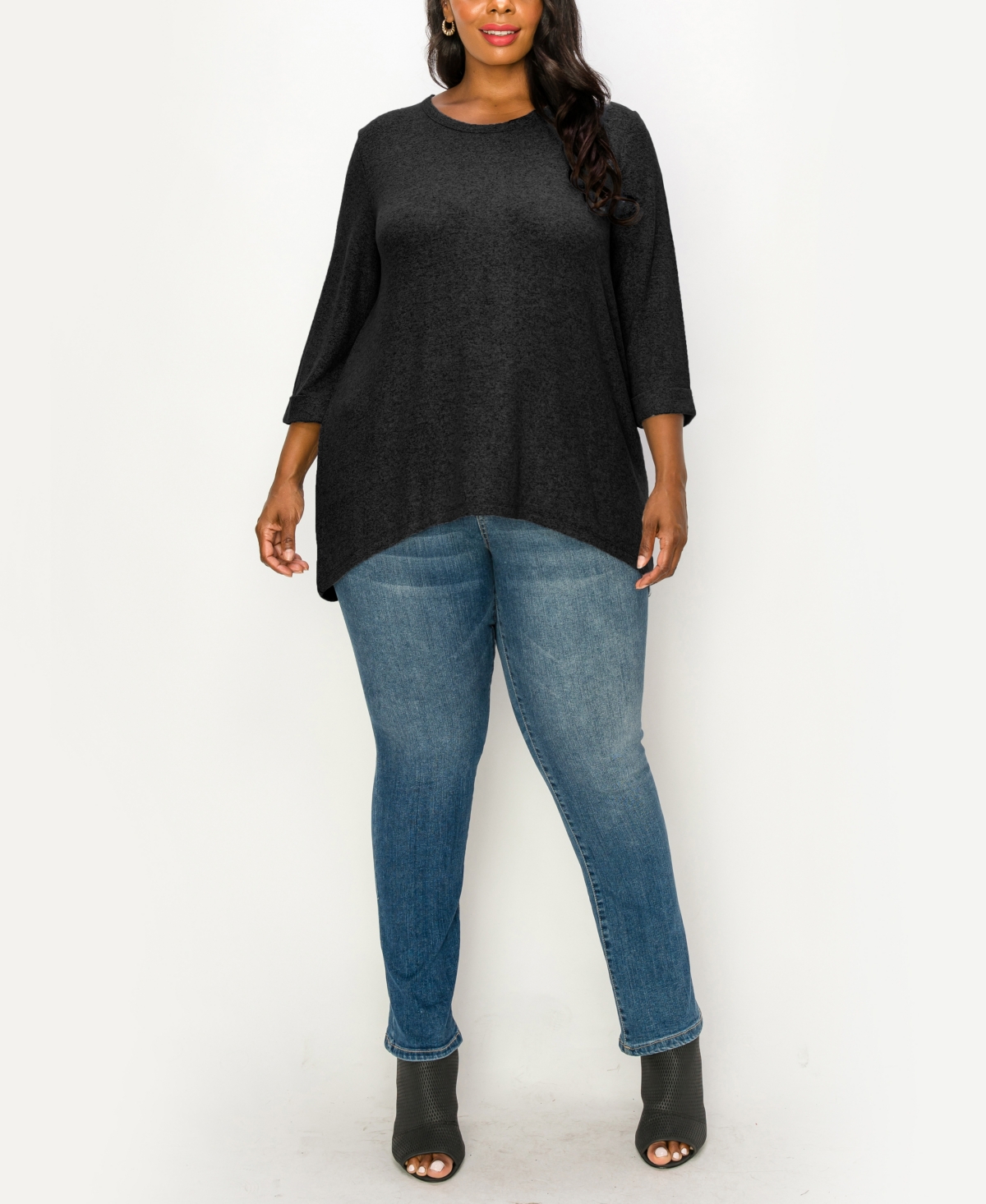 Coin 1804 Plus Size Cozy 3/4 Rolled Sleeve Button Back Top