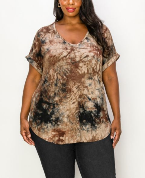 Женский топ COIN 1804 Plus Size Tie Dye V-neck Rolled Short Sleeve Top, цвет: Мокко чёрный