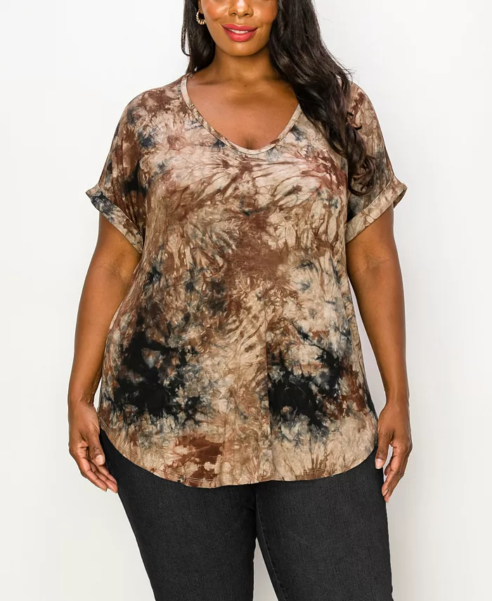 Plus Size Tie Dye V-neck Rolled Short Sleeve Top