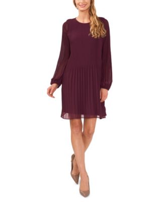 CeCe Women's Pleated Front Long Sleeve Crewneck Dress - Macy's