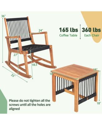 3pcs Patio Acacia Wood Bistro Table Rocking Chair Set All-Weather Rope Outdoor