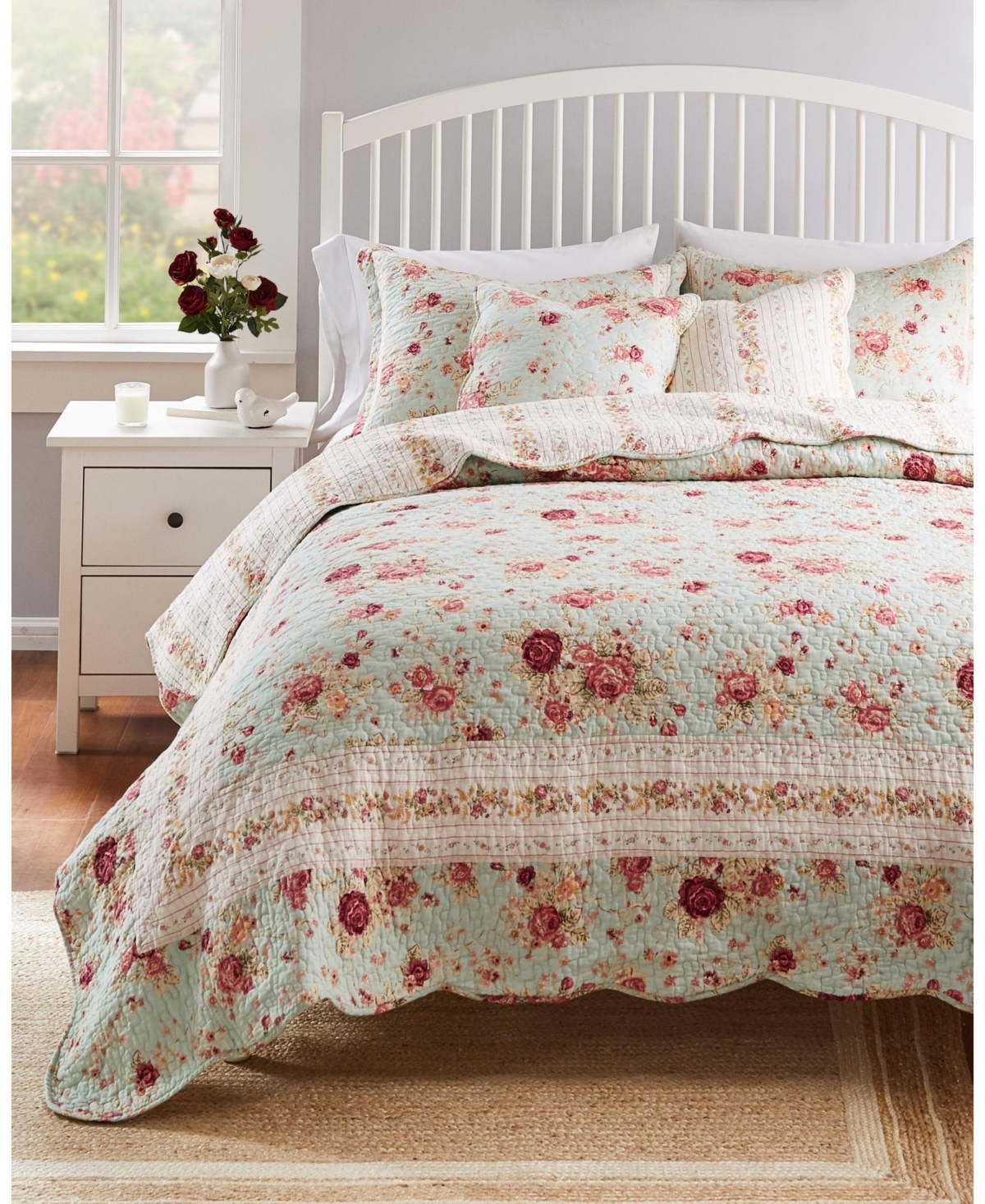 Greenland Home Fashions Antique-like Rose 100% Cotton Reversible 3 Piece Quilt Set, King In Blue