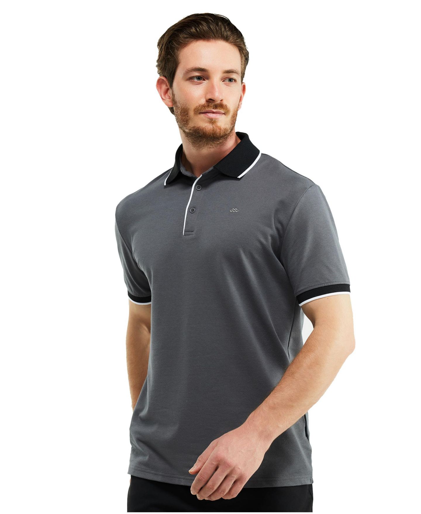 Мужское поло Mio Marino Classic-Fit Cotton-Blend Pique Polo Shirt with Contrast Collar, цвет: Угольный серый — фото 2