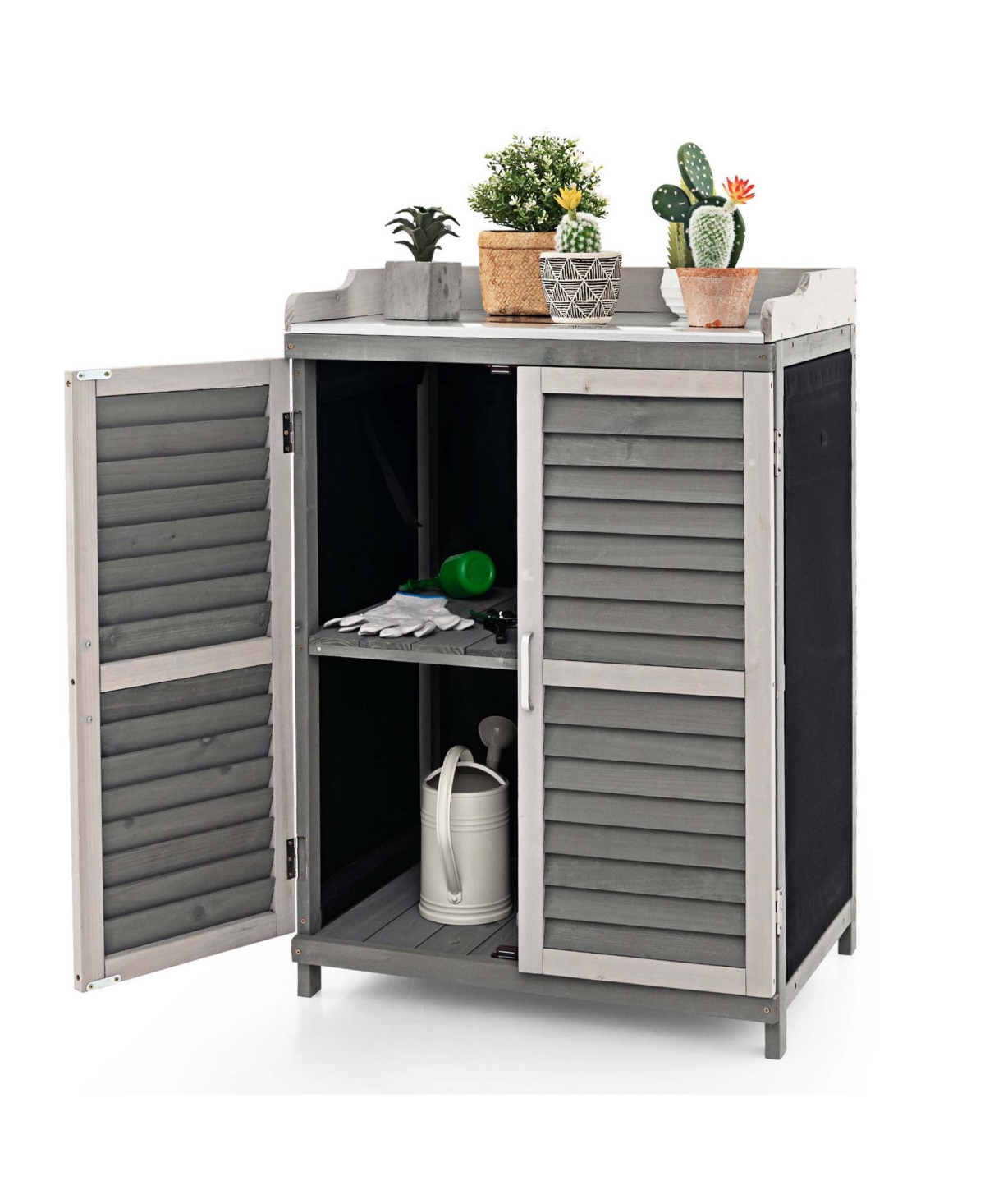 Outdoor Potting Bench Table, Garden Storage Cabinet with Metal Tabletop - Grey