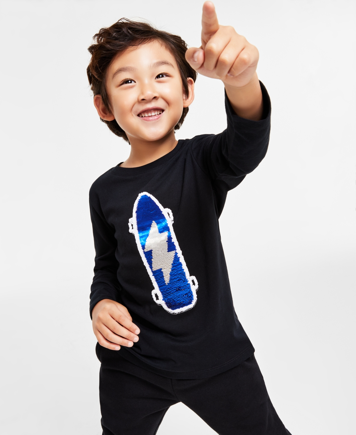 Epic Threads Kids' Little Boys Long-sleeve Sequinned Skateboard T-shirt, Created For Macy's In Deep Black
