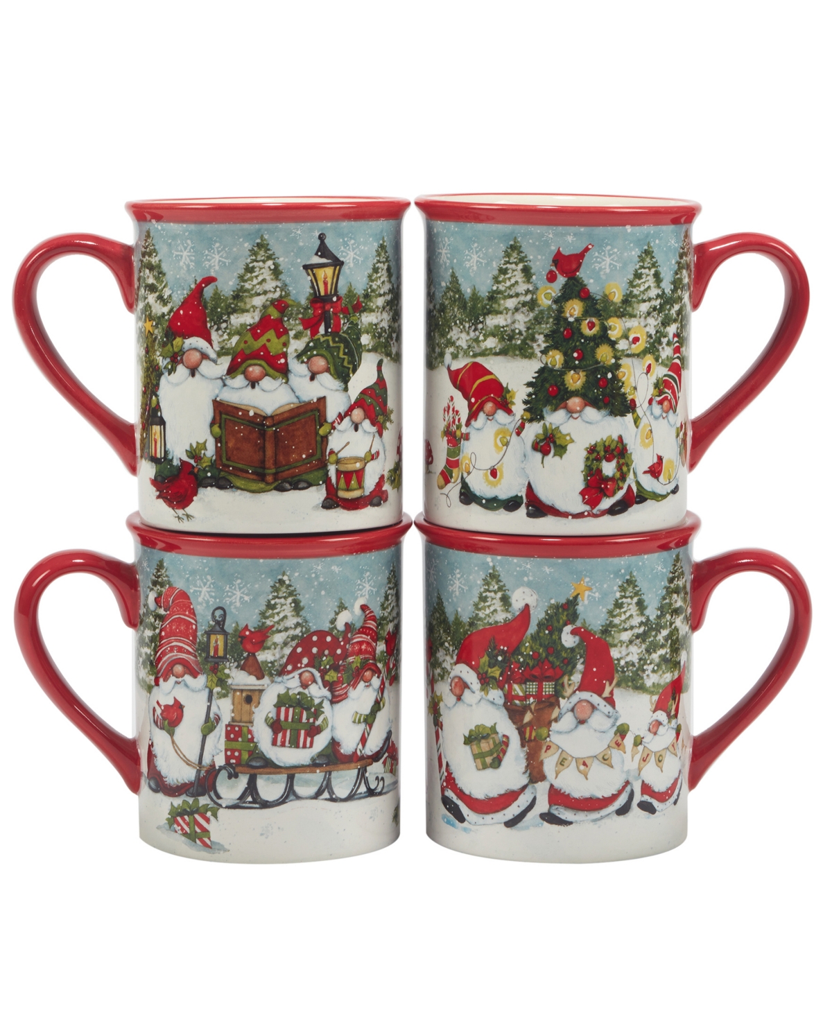 Certified International Christmas Gnomes 16 oz Mugs Set Of 4, Service For 4 In Red