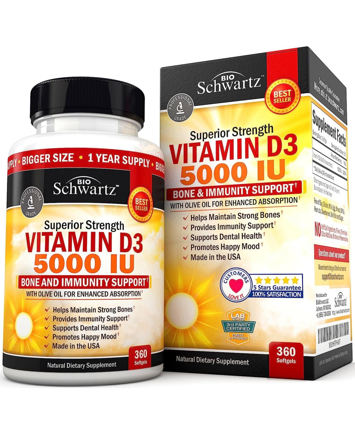 Vitamin D3 5000 Iu (125 mcg) Natural Immune Support Supplement, Bone Strength, Healthy Muscle Function, with Olive Oil for Highest Absorption, Gluten