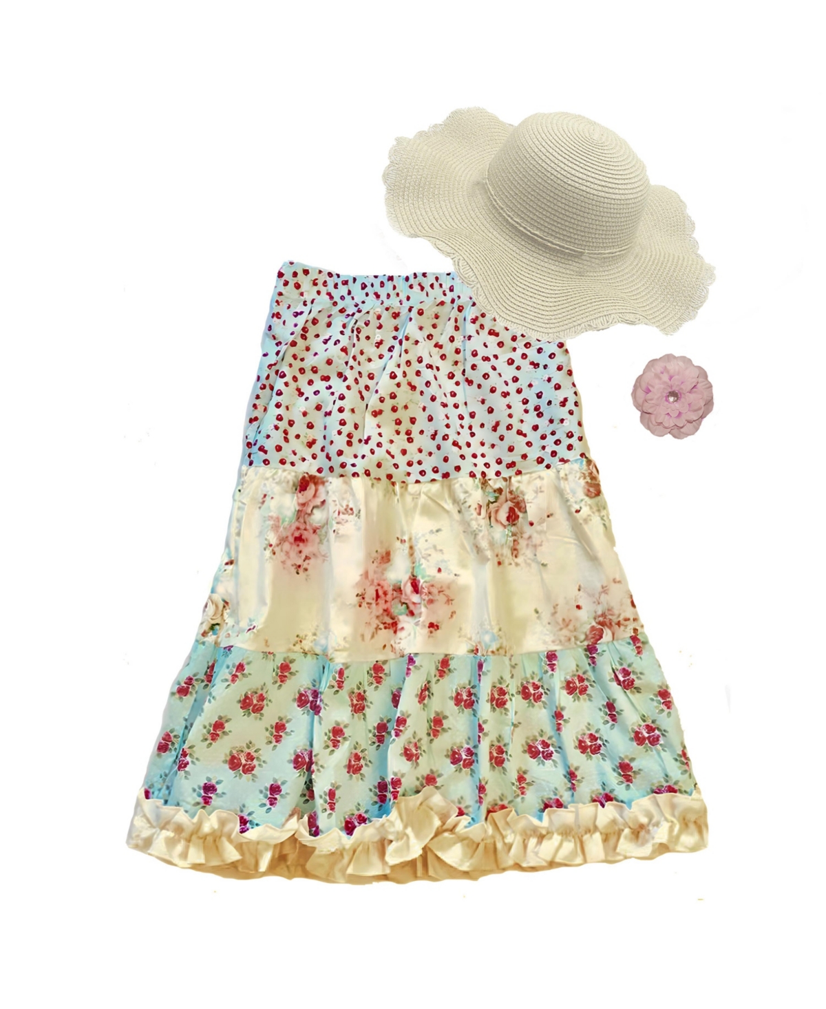 Mi Amore Gigi Child Girls Peasant Skirt And Hat With Hair Accessory In Blue
