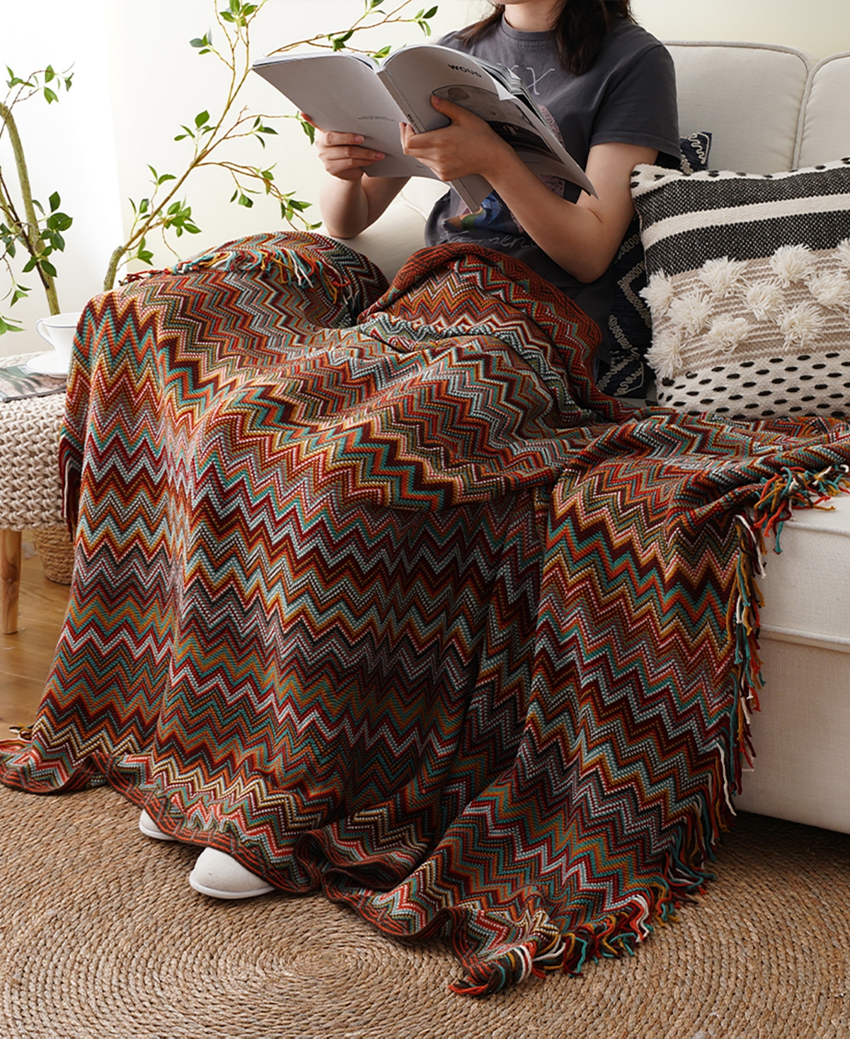 Battilo Lifestyle Colorful Chevron Bohemian Knit Throw, 51