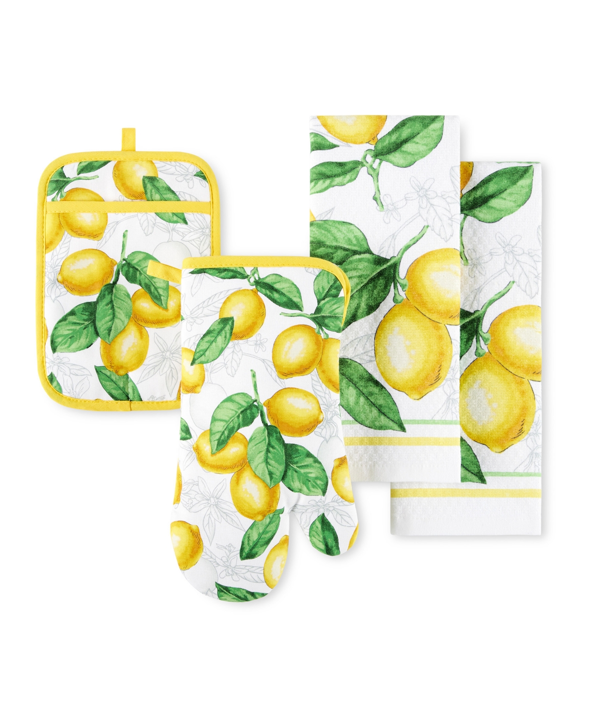 Lots of Lemons Modern Kitchen Towel, Oven Mitt, Potholder 4-Pack Set - White, Yellow