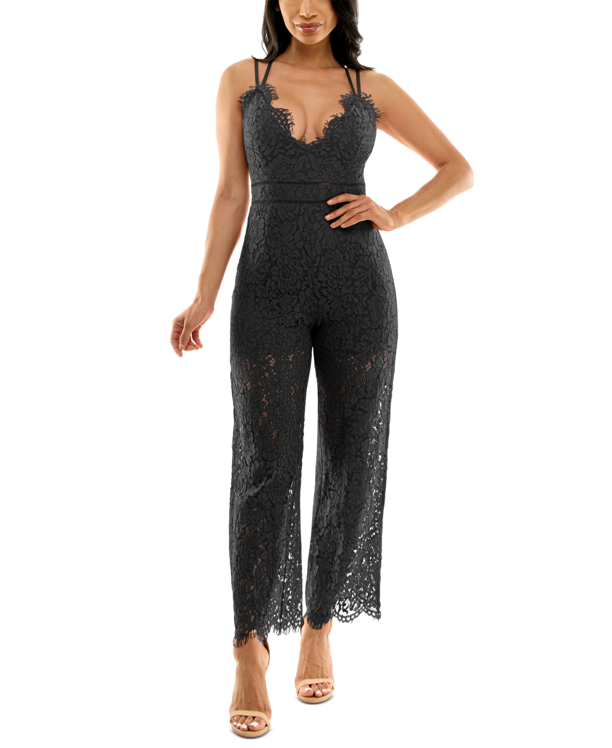 Bebe Lace Strappy-back Jumpsuit In Black