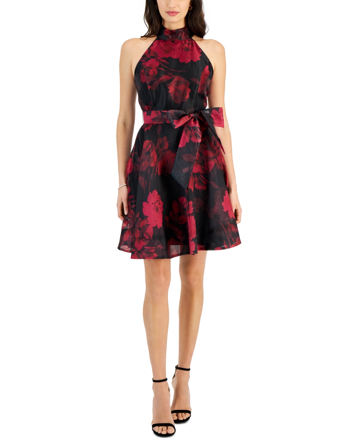 Taylor Women's Floral-print Fit & Flare Dress In Black,hot Pink