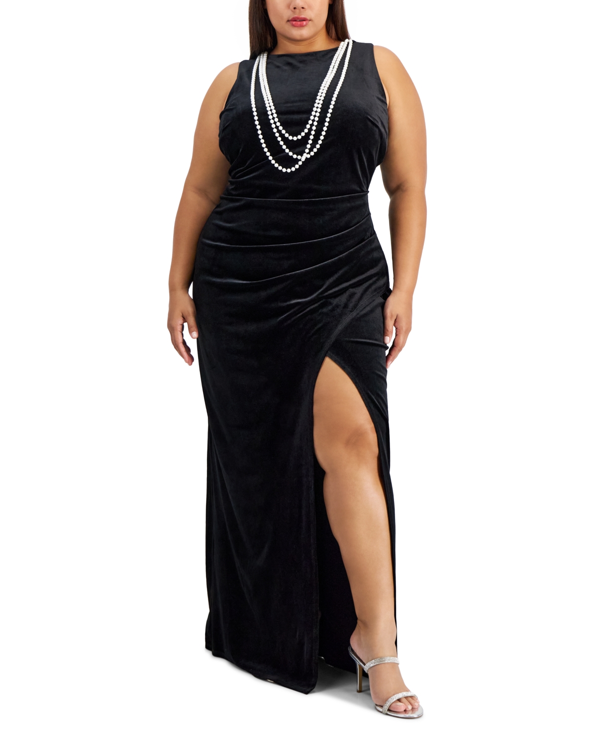 City Studios Trendy Plus Size Velvet Necklace-trim Open-back Gown In Black