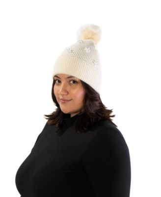 Imitation Pearl Flower Pom Beanie