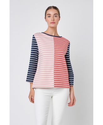 Women's Striped Color Blocked 3/4 Length Sleeve Tee