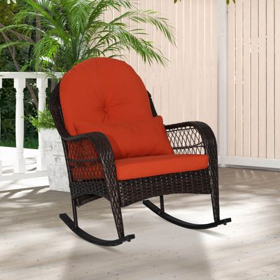 Patio Wicker Rocking Chair with Seat Back Cushions & Lumbar Pillow Porch
