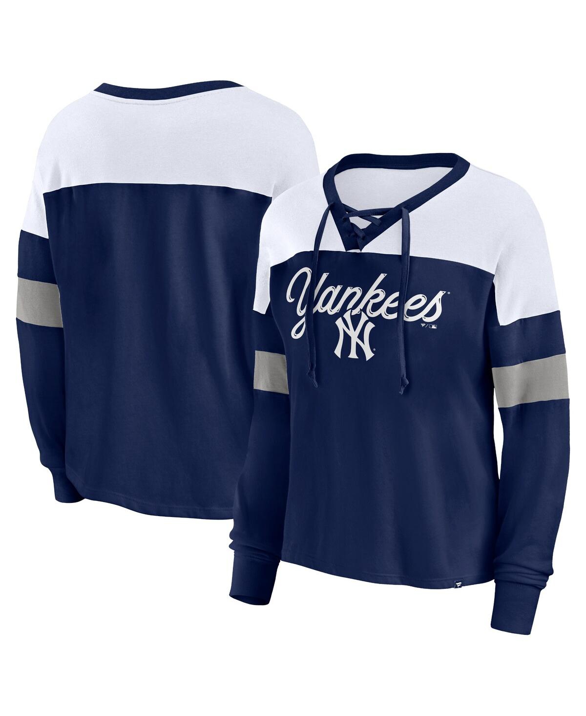 Shop Fanatics Women's  Navy, White New York Yankees Even Match Lace-up Long Sleeve V-neck T-shirt In Navy,white