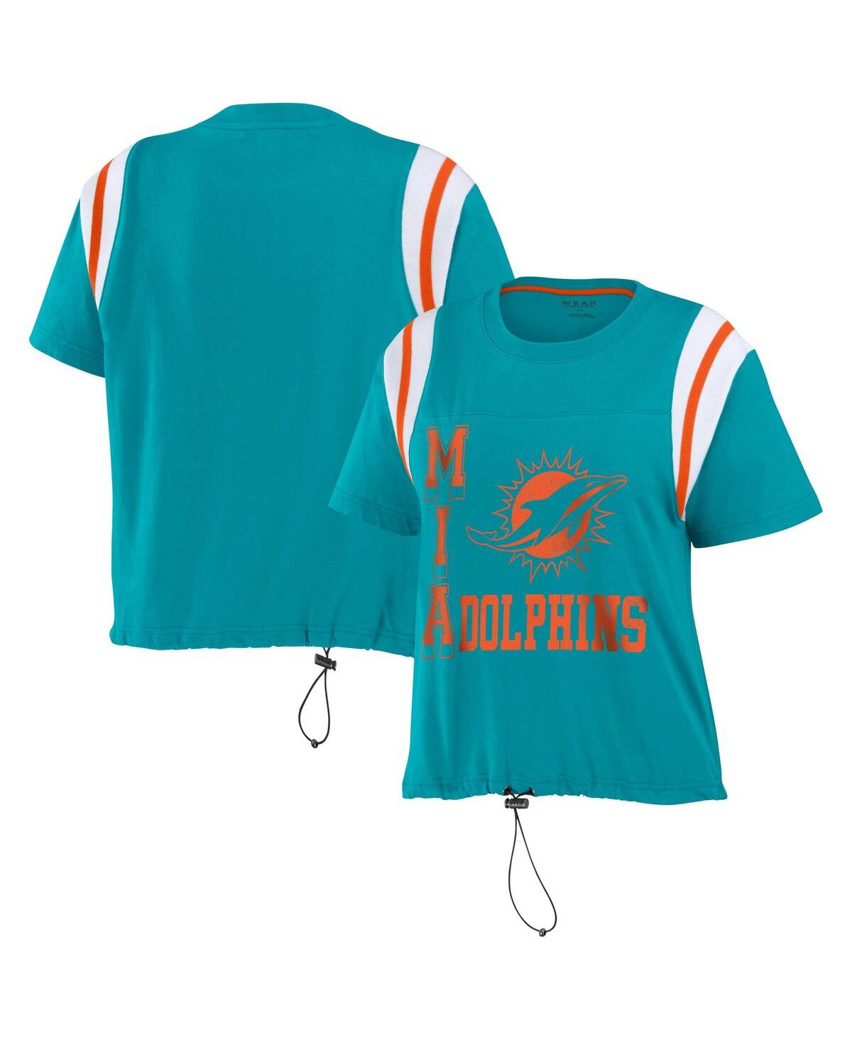 WEAR BY ERIN ANDREWS WOMEN'S WEAR BY ERIN ANDREWS AQUA MIAMI DOLPHINS CINCHED COLORBLOCK T-SHIRT
