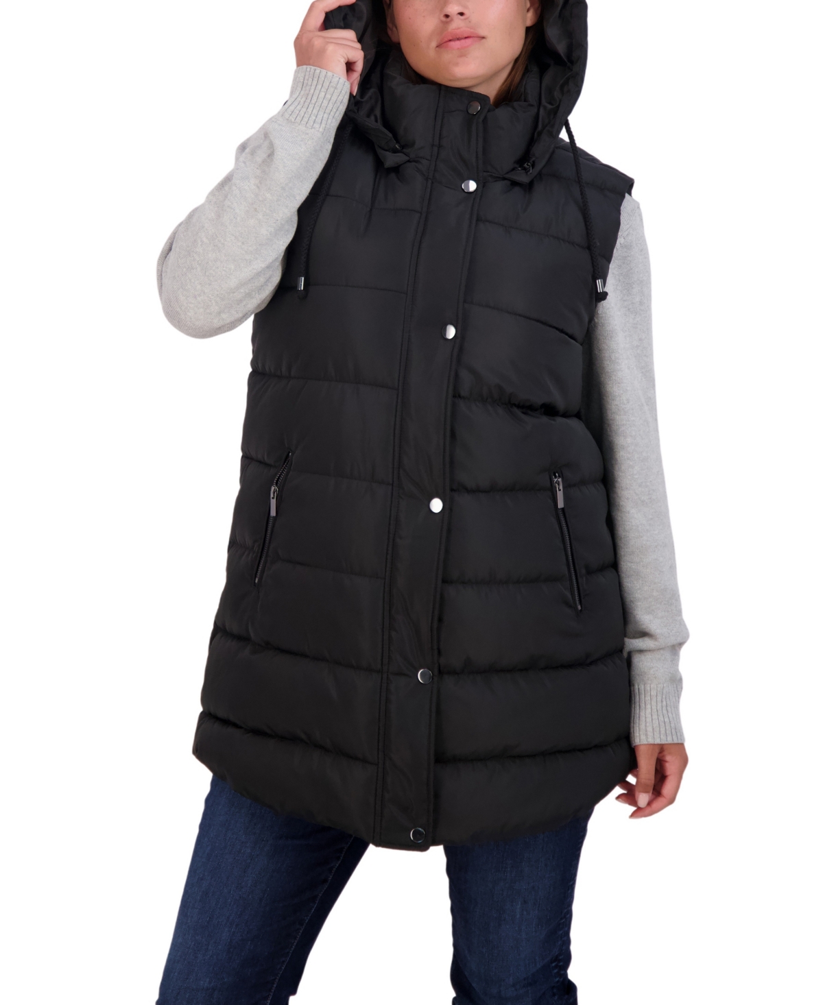 Sebby Collection Plus Size Long Puffer Vest Jacket with Detachable Hood