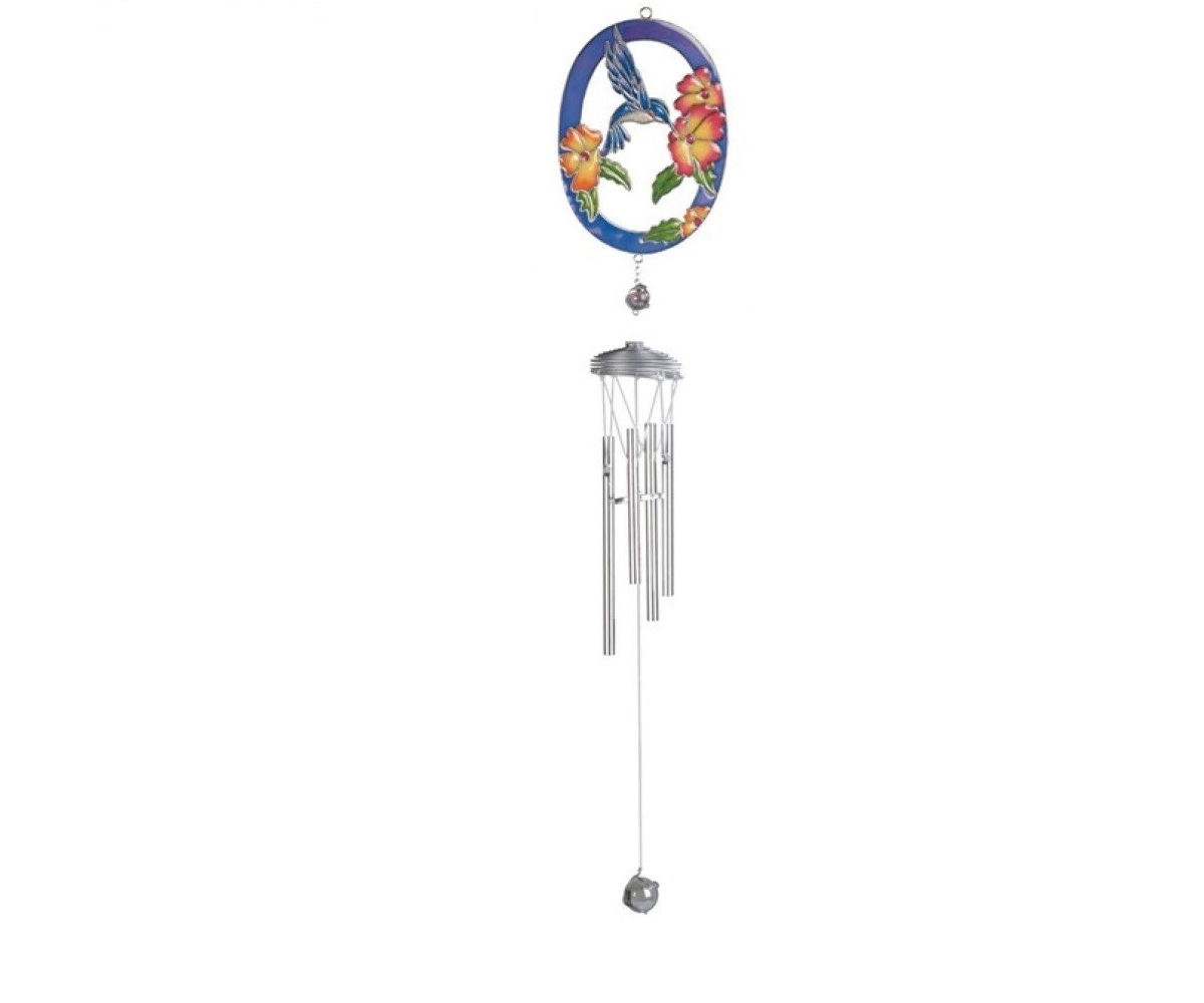 31" Long Hummingbird with Flower Suncatcher Wind Chime - Silver