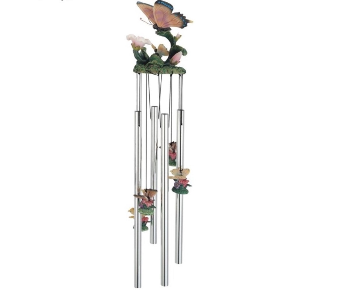 23' Long Round Top Butterfly Wind Chime - Silver