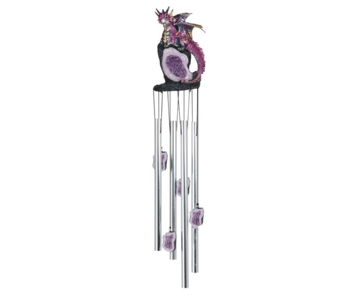 23" Long Dragon on Purple Faux Crystal Round Top Wind Chime - Silver