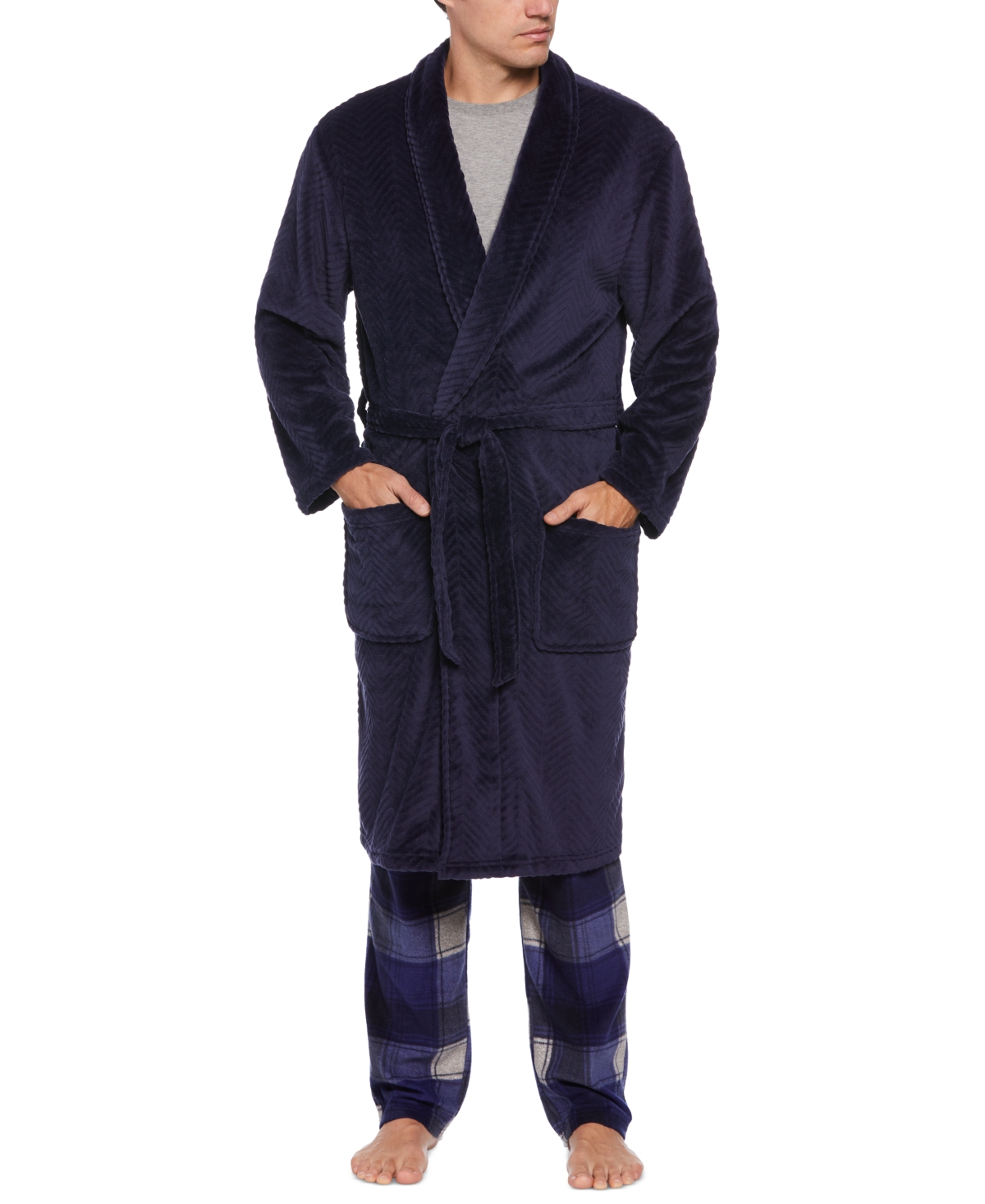 Men's Herringbone Textured Fleece Robe - Peacoat