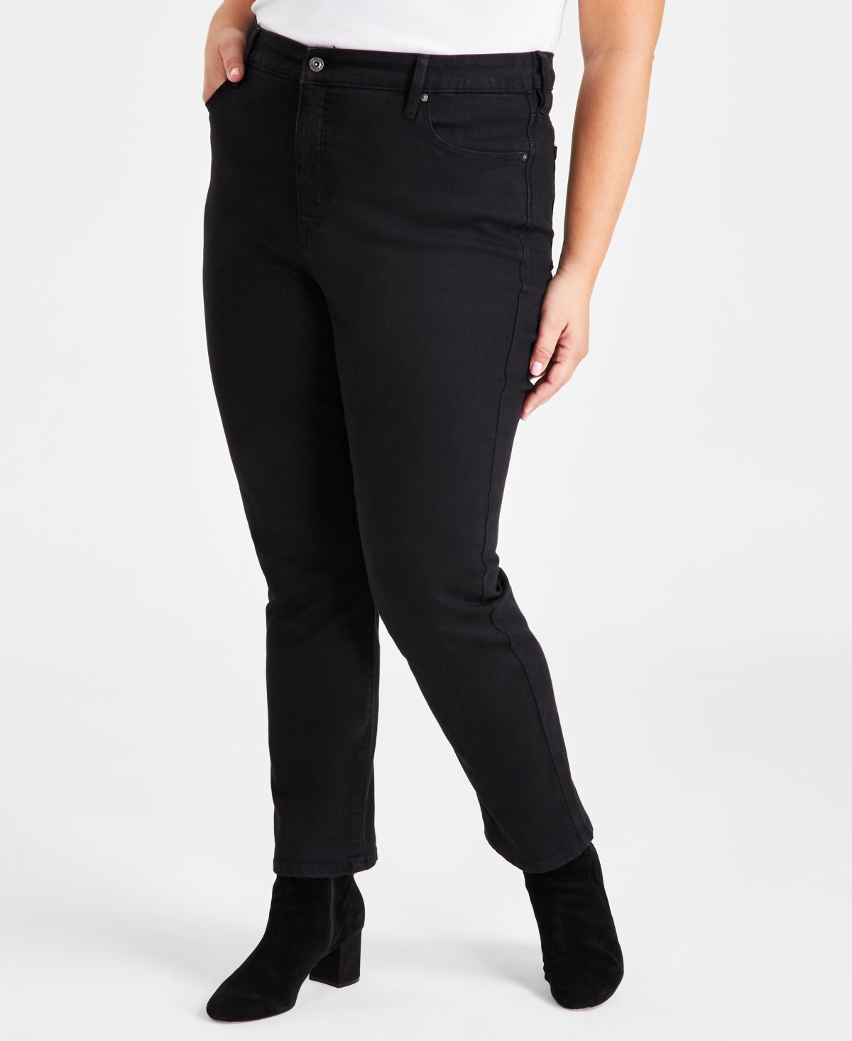 Plus Size High-rise Straight-leg Jeans, Created For Macy's In Deep Black