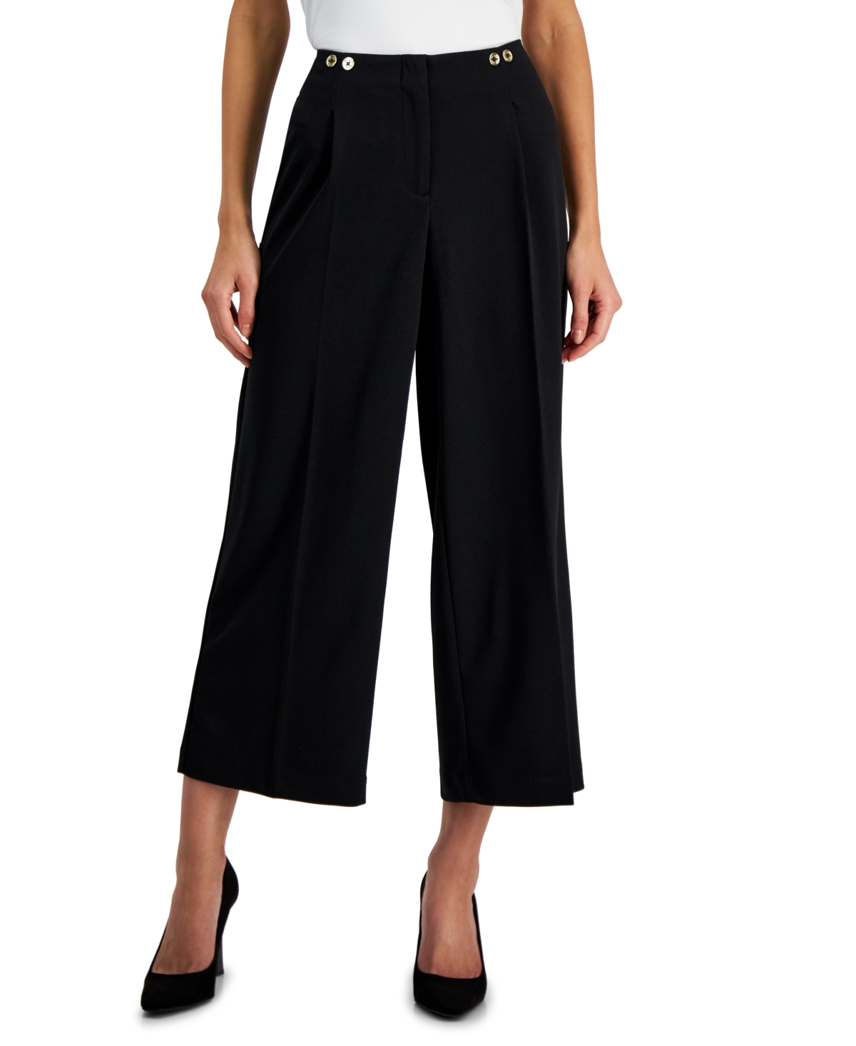 Nine West Women's Pleated High-rise Wide-leg Cropped Pants In Black