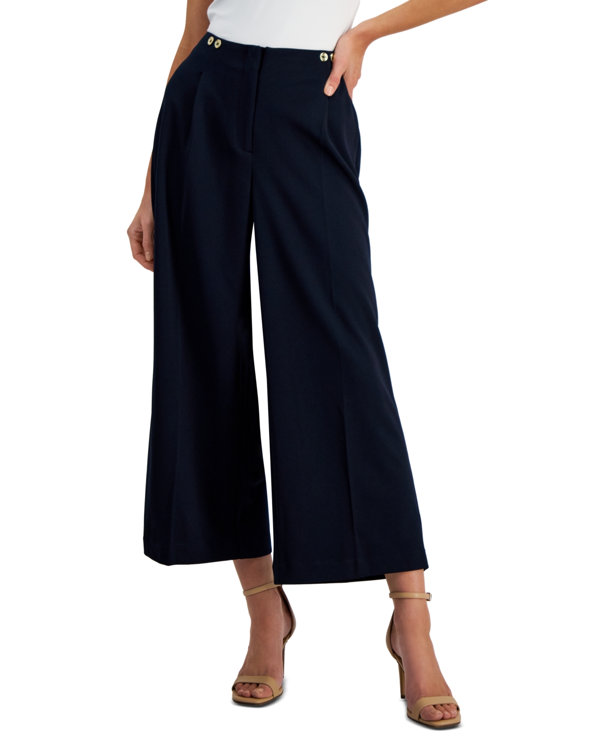 Nine West Women's Pleated High-rise Wide-leg Cropped Pants In Navy